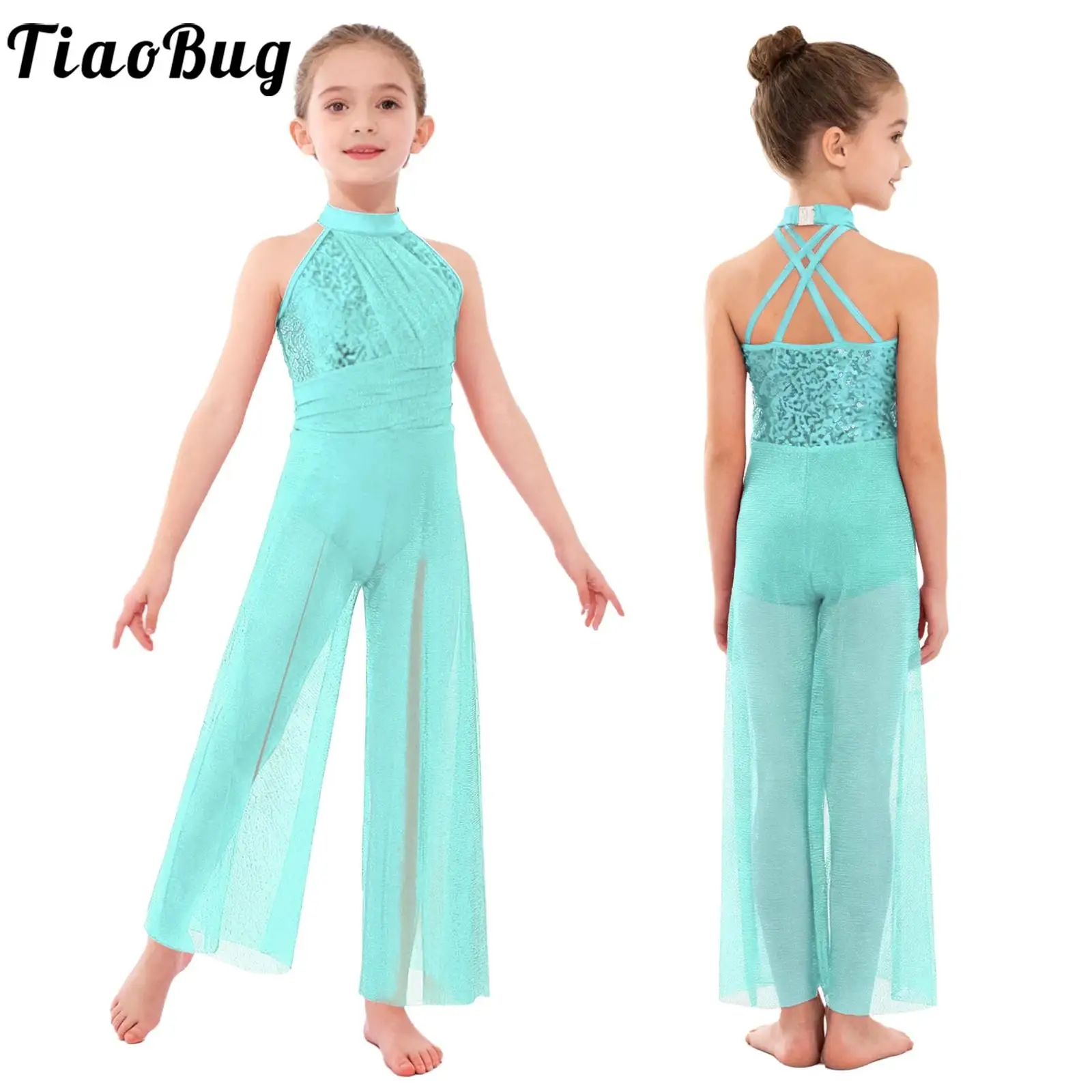 

Kids Shimmery Mesh Rhythmic Gymnastics Bodysuit Figure Skating Jumpsuit for Girls Ballet Dance Romper Practice Wide-Leg Pants