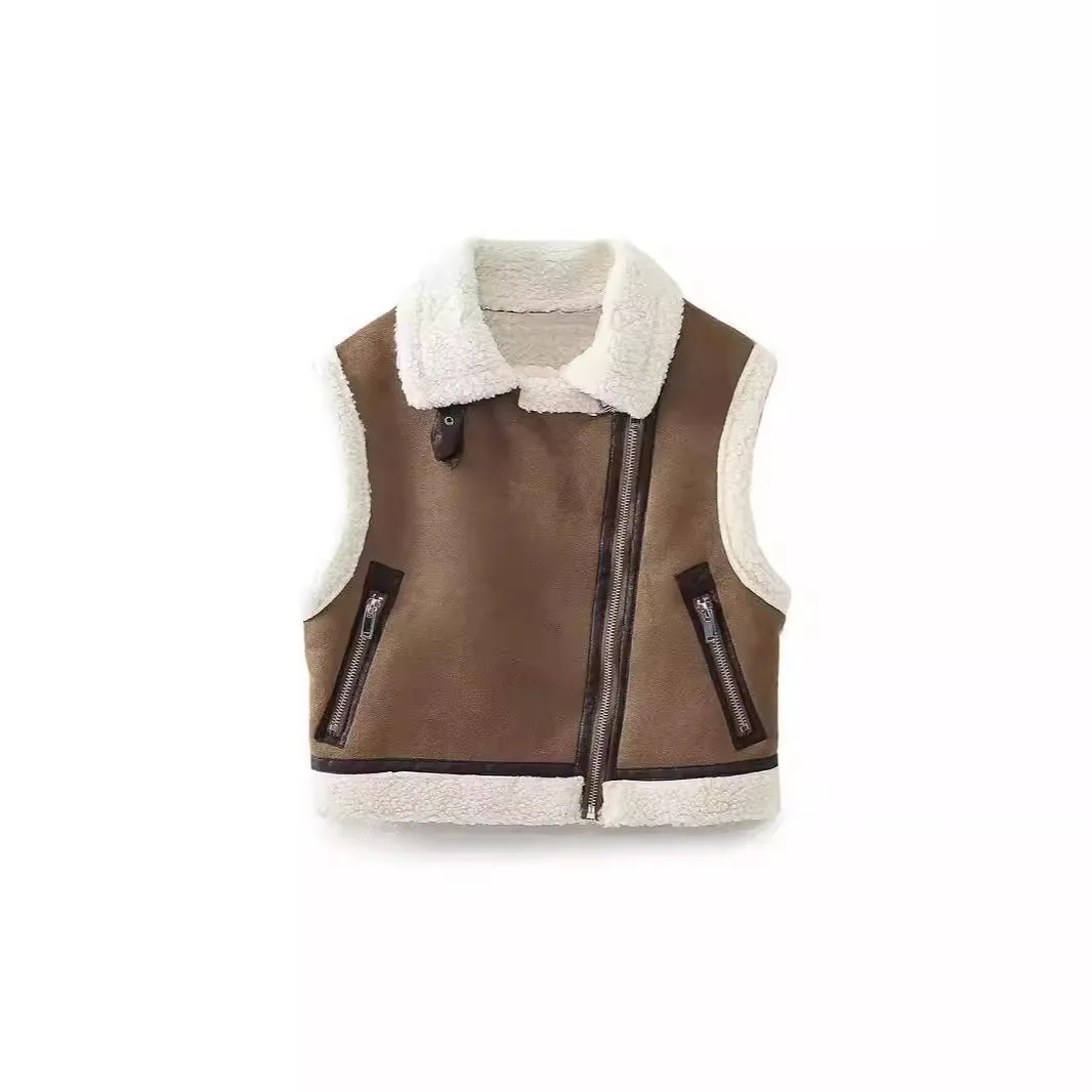 2024 Fashion Elegant Women Thickening Warm Zip Waistcoats Coat Female Faux Leather Lambswool Patchwork Sleeveless Casual Vest