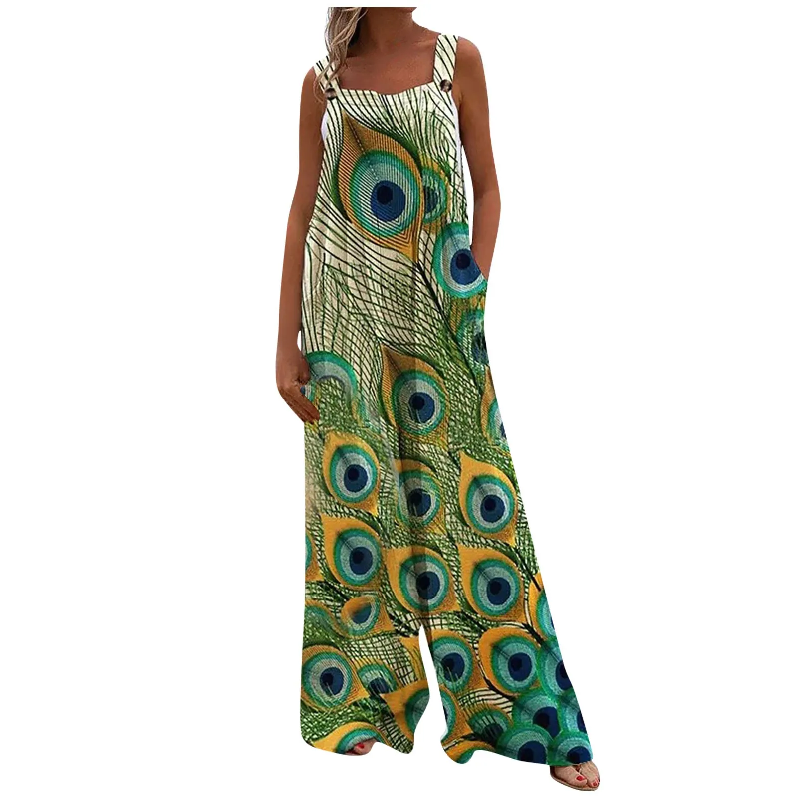 حللا نسائية غير رسمية بأزرار ، فضفاضة بلا أكمام واسعة الساق ، حللا مسح الأرض مع جيوب ، السروال القصير المطبوعة ، الاتجاه