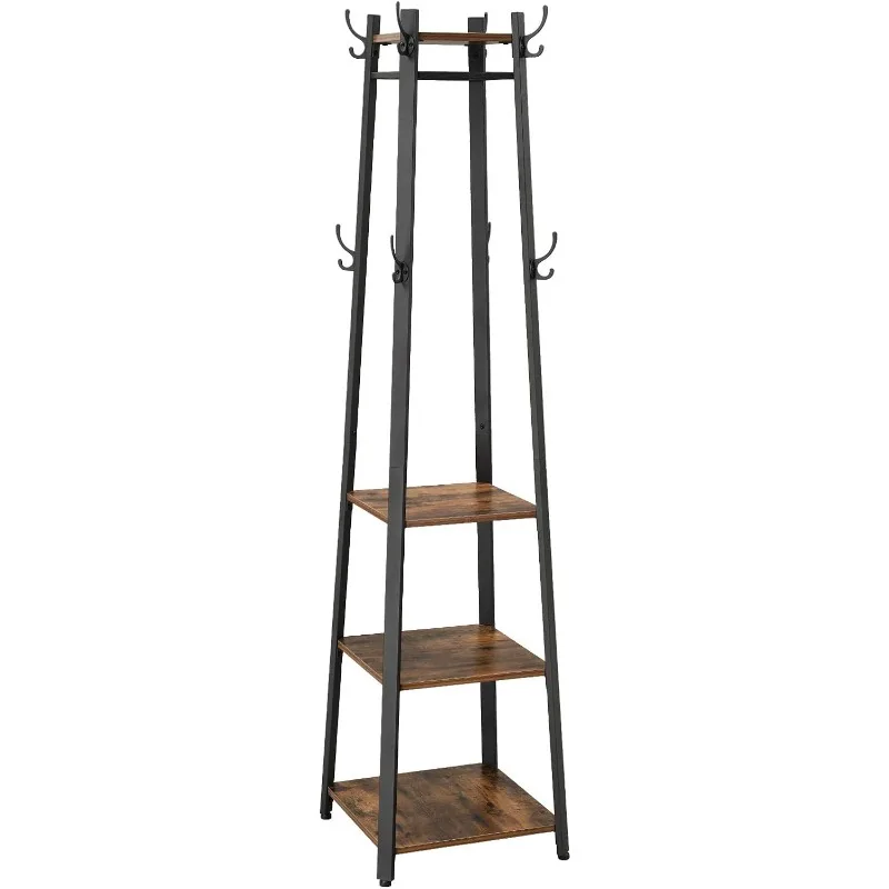 ALINRU Coat Rack with 3 Shelves, Stand with Hooks for Scarves, Bags and Umbrellas, Steel Frame, Industrial Style,