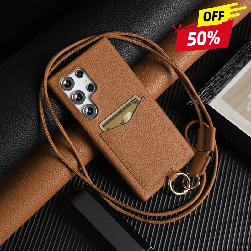 

Cowhide Genuine Leather Case For Samsung Galaxy S24 Ultra S23 S22 S21 S20FE Strap Crossbody Lanyard Phone Cover Coque