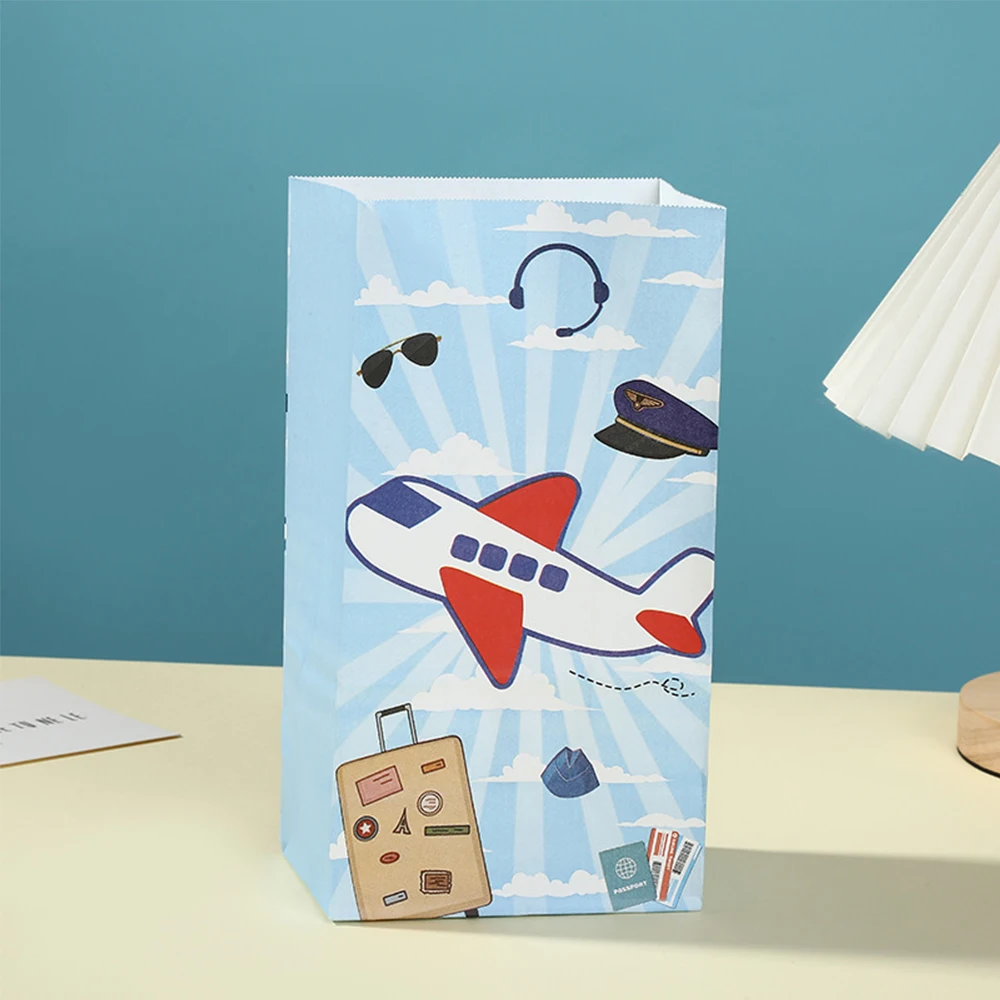 12szt Cartoon Airplane Goodie Bags Kraft Paper Candy Bag with Stickers Aviator Adventure Theme Birthday Party Supplies Kids Gifts