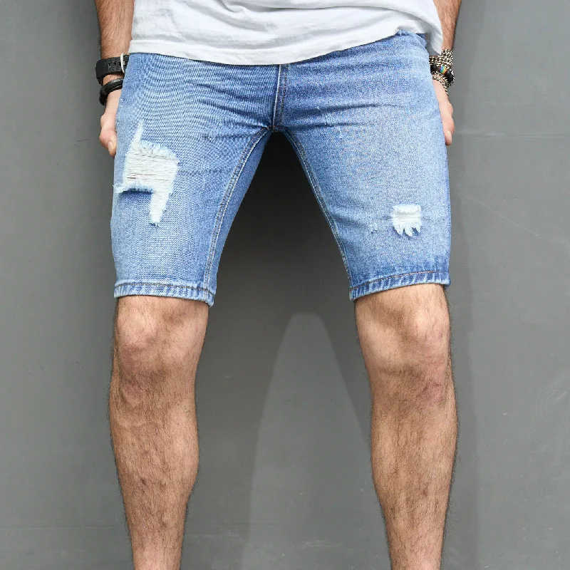 Men Short Jean Denim Pants Ripped Distressed Knee Length Middle Waist Holes Causual Fashional Bleached Scratched Shorts 11B19