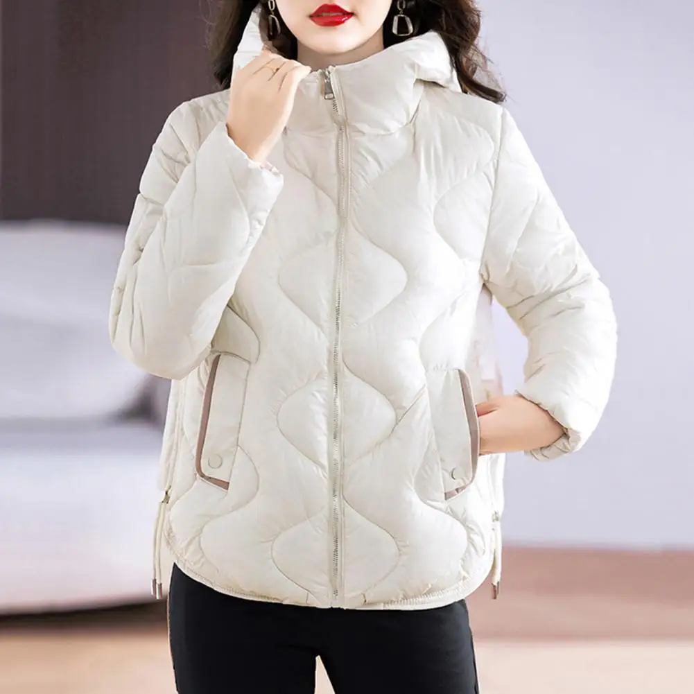 Winter Lady Down Coat Solid Color Long Sleeves Hooded Padded Coat Thicken Neck Zip up Outdoor Cotton Coat With Pocket