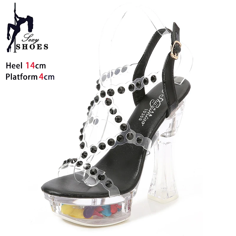 Transparent Women Shoes Crystal Chunk Heeled 14CM High Heels 4CM Waterproof Platform Bling Wedding Sandals Summer Sequin Shoes