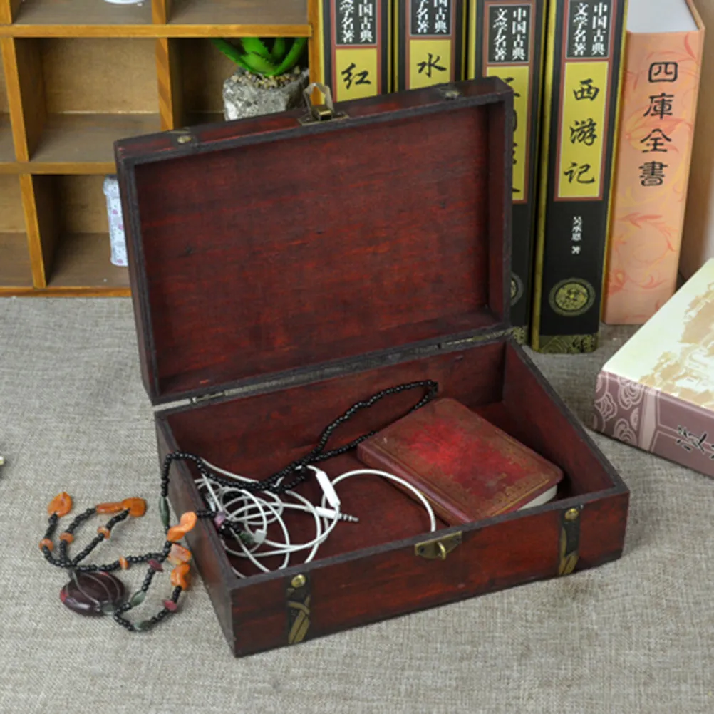 

Vintage Wooden Treasure Box Rustic Aged Dark Wood Jewelry Storage Box with Rusty Bronze Carved Fasteners for Rings Earrings