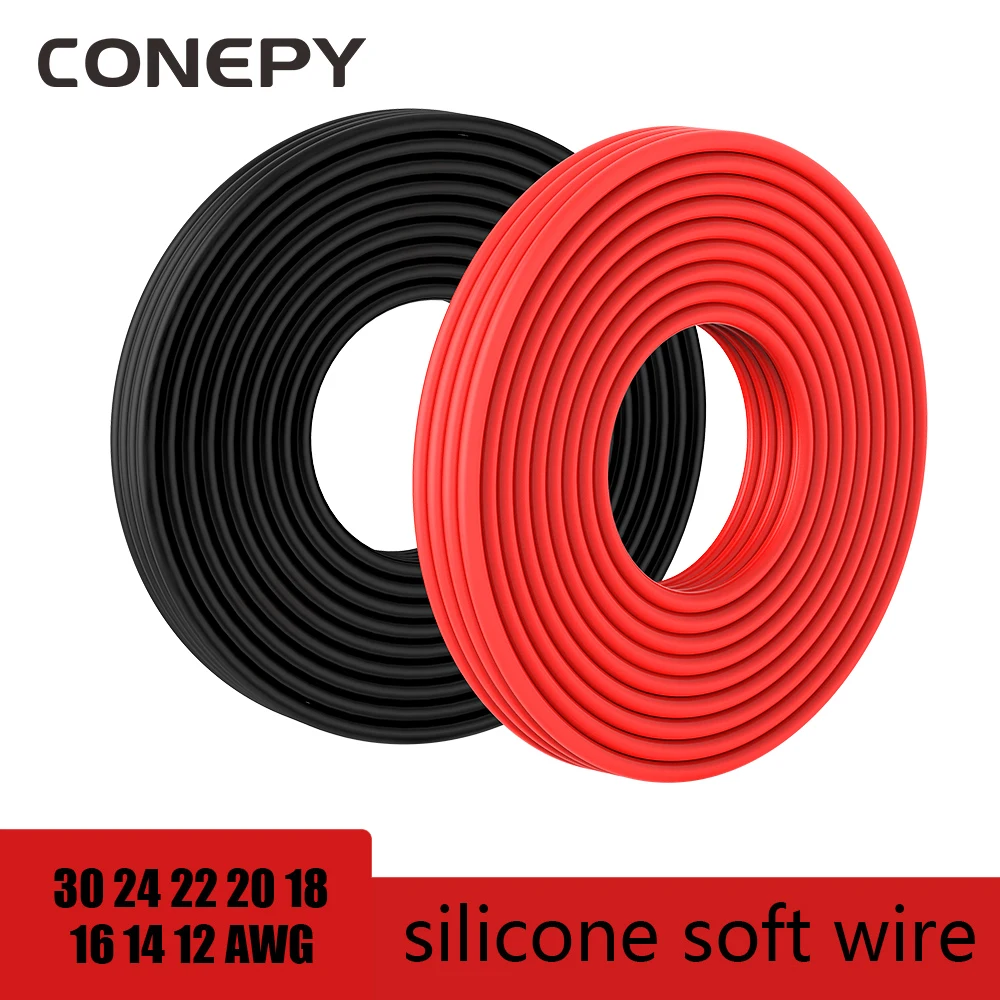 CONEPY 5Meter 16.4 Feet Red Black Silicone Wire 12 14 16 18 20 22 24 30 AWG 600V Electric Wire For Car Battery Home Appliance