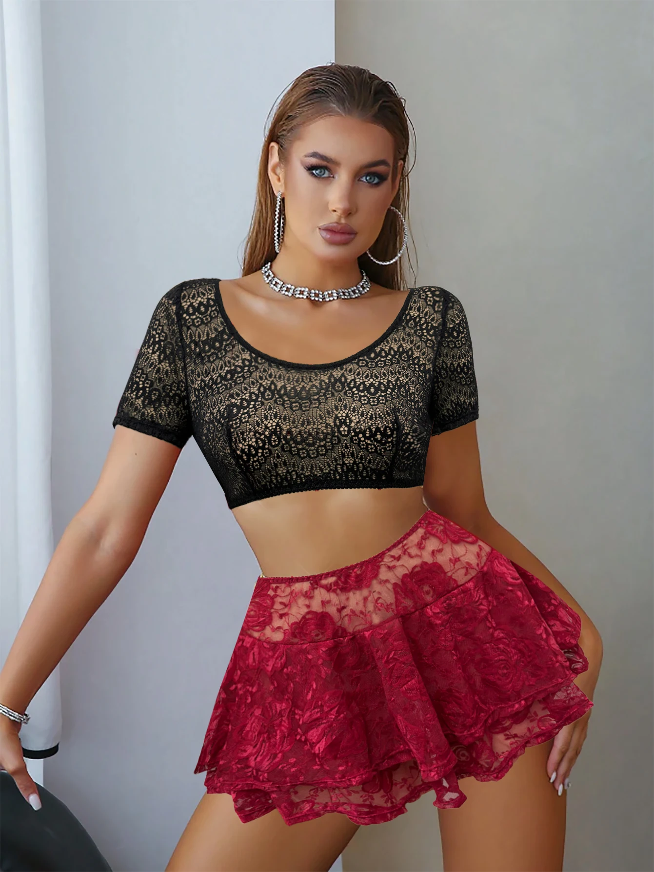 Short Sleeve Sheer Lace Crop Top & Rose Floral Tiered Mini Skirt Two Piece Lingerie Set view 4