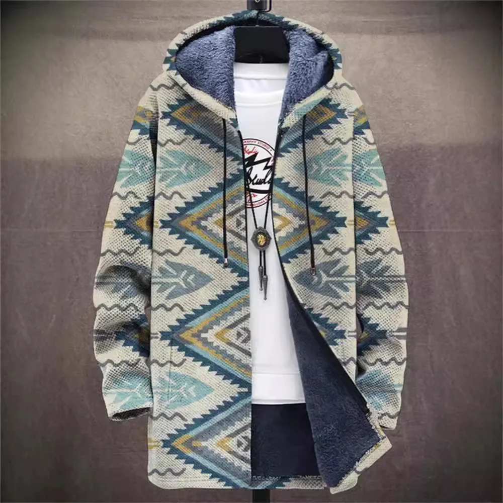 

Men Cardigans Coats Gradient Geometric Art Colorful Printed Fleece Plush Thick Winter Casual Streetwear Unisex Clothing