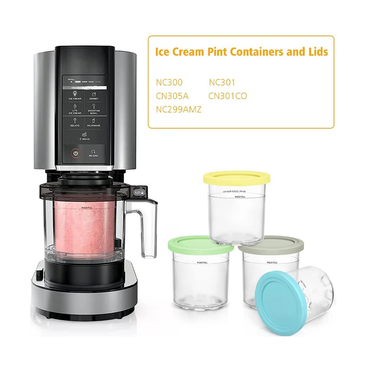 حاوية آيس كريم A09G مع غطاء بديل لكريمي نينجا، متوافقة مع صانع الآيس كريم NC301 NC300 NC299AMZ