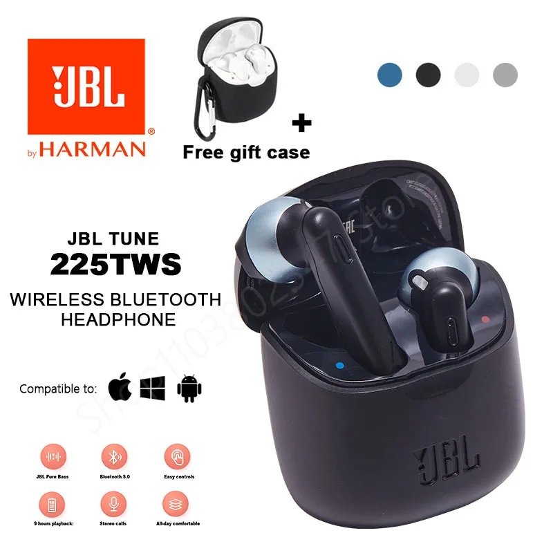 Original JBL Tune 225TWS True Wireless Bluetooth Earbud Headphones T225 TWS Stereo Earbuds Bass Sound Headset with Free cover