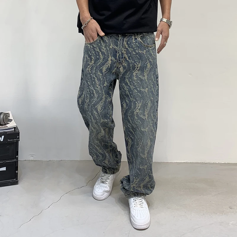 Jeans estampado Jacquard masculino, calça reta solta, perna larga, Hip Hop de rua alta americana, design legal, marca de moda