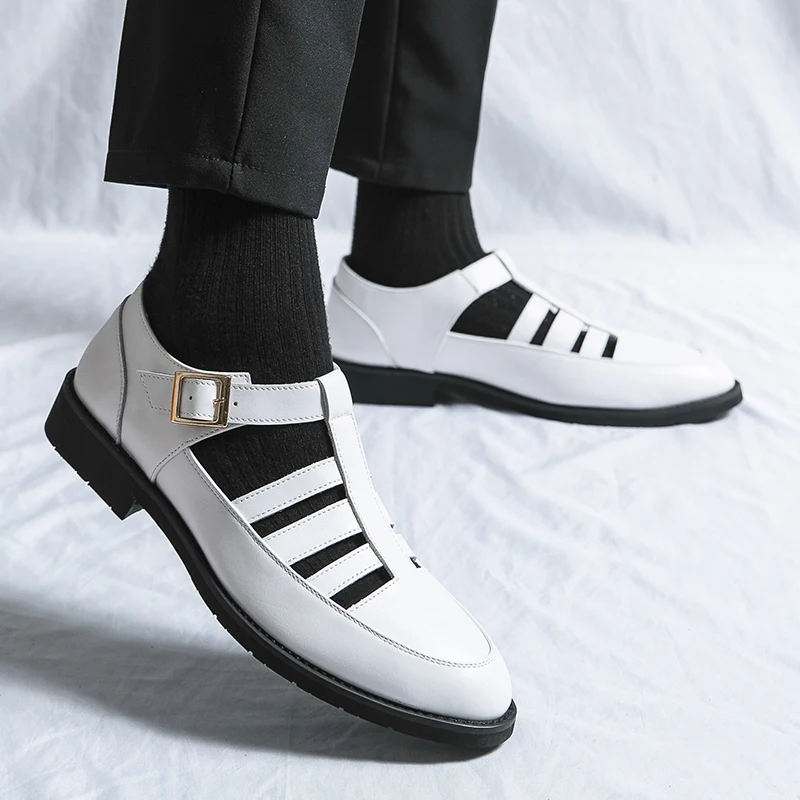 New In Summer Sandals for Men Fashion White Black Business Dress Genuine Leather Platform Male Wedding Shoes Formal Casual Men\'s