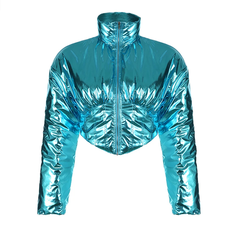 BIIKPIIK korset biru Streetwear Glossy Puffer untuk wanita Zip Up Turtleneck lengan panjang musim gugur musim dingin mantel Fashion jaket kasual