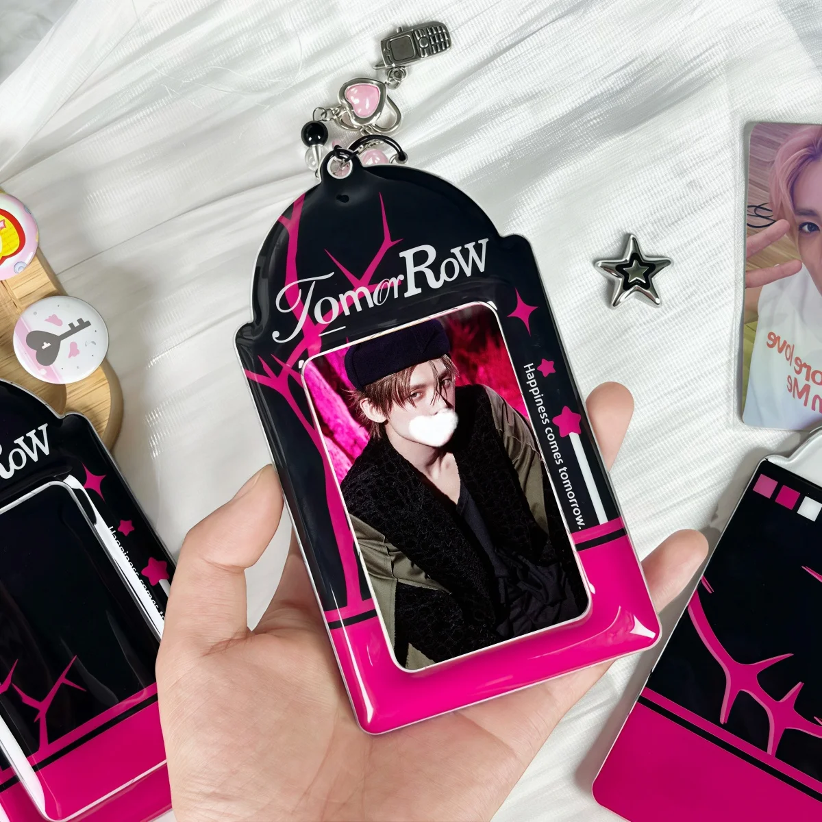 1Pc Simple Black and Pink 3inch Photo Card Holder, Black and Pink Branch and Star Element Card Holder, K-Pop Album Photo Card Holder, Idol Photo Card Display, Concert Fan Merchandise, Feinibook, Made of Pu Material, Su