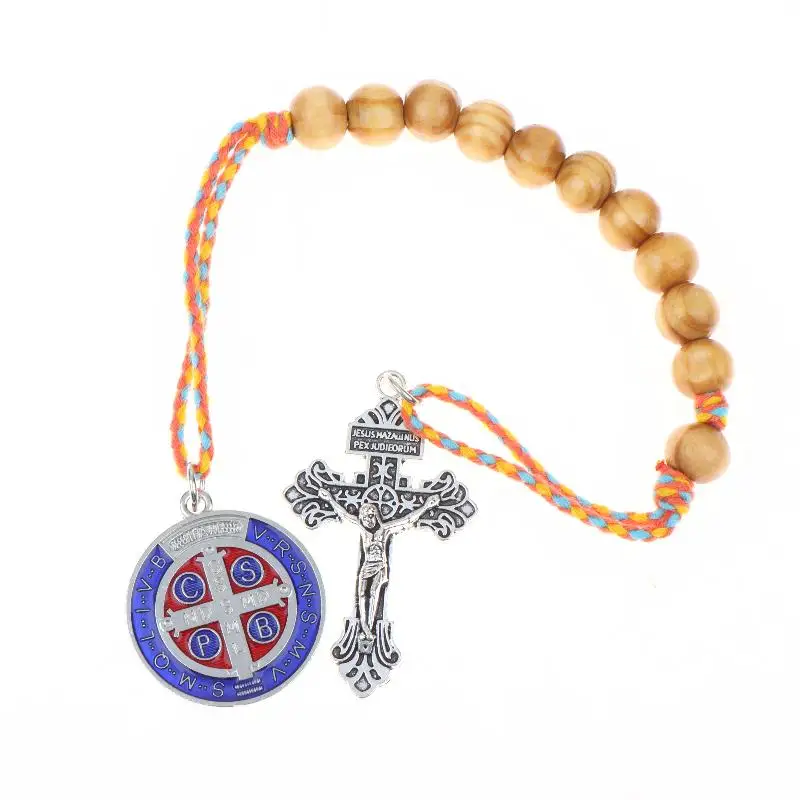 Brauner Holz-Rosenkranz St. Benedikt, handgefertigt, mit Gebetsmedaille, tragbares religiöses Accessoire, Schreibtischdekoration, Geschenk für gläubige Katholiken – Detail 7