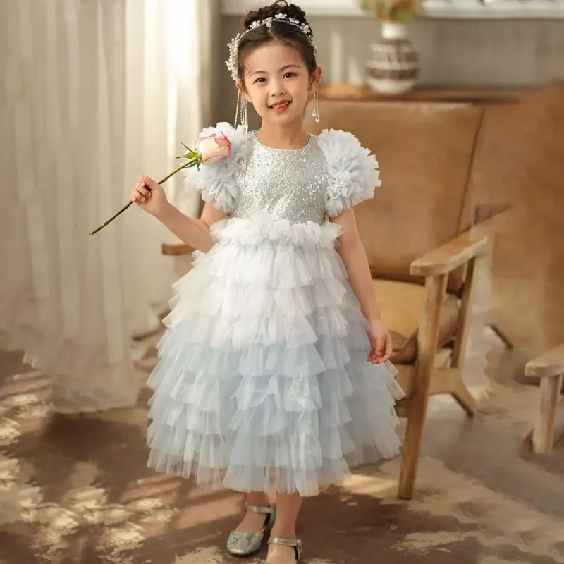 Toddler Kids Birthday Party Gown Sequin Tutu Puffy Sleeve Dress Flower Girls Wedding Dresses Little Girls School Performance