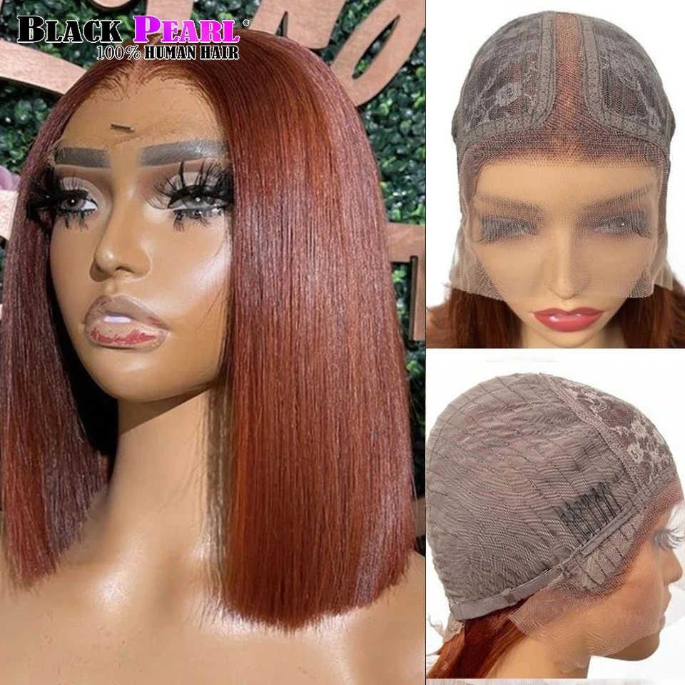 #33 Short Bob Wig Peruvian Straight Lace Front Human Hair Wigs For Women Reddish Brown Lace Part Wig With Baby HairBrown Color