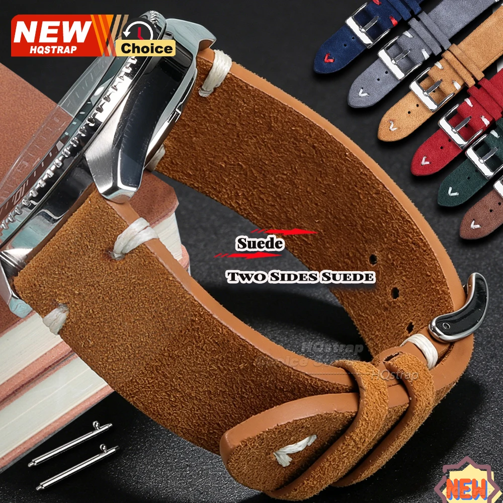 Bracelet de montre en daim double face 18mm 20mm 22mm, fait main, avec surpiqûres colorées, pour Omega, Seiko, et montres connectées Huawei