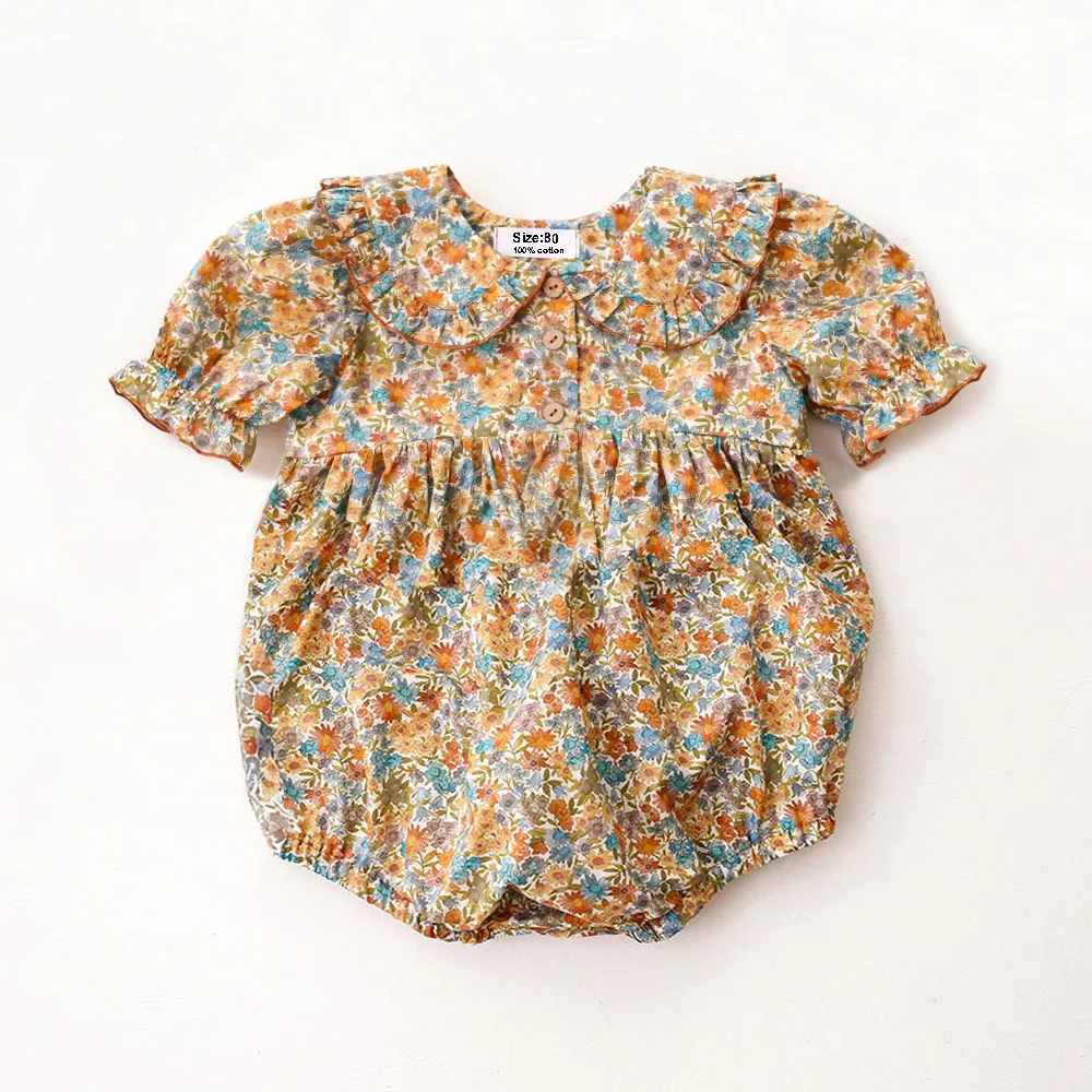 

Винтажный комбинезон с цветочным принтом для девочек, хлопковый, с коротким рукавом, летняя одежда для малышей