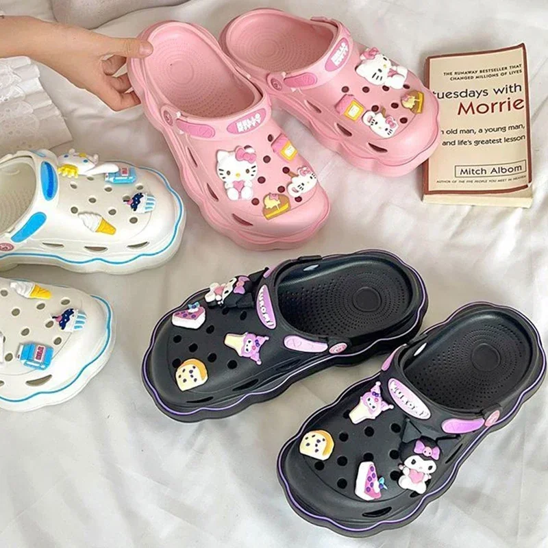 Kawaii Sanrio Hello Kitty Kuromi Cinnamoroll Summer Kawaii Fashion Sandals Y2K Flat Shoes Heightening Slipper Girl Birthday Gift