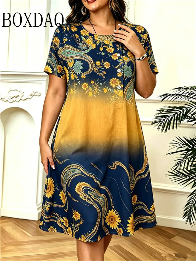 Vintage Paisley Flowers Printed Dress For Summer Women's Ethnic Style Pattern Short Sleeve Dress Casual Plus Size Loose Dress 6X
