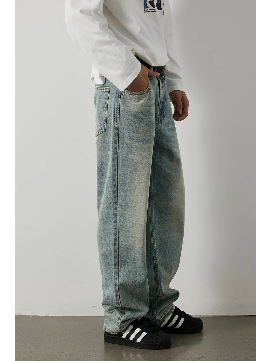 

Retro Washed Loose Casual Straight Leg Jeans Cleanfit Unisex Long Trousers mid Waist Zipper Closure Cotton Blend