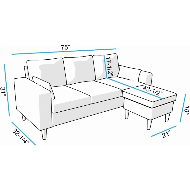 3-seater sofa, sofa set with ottoman and footstool, L-shaped corner convertible toffee sofa, 195 cm Living room sofa furniture