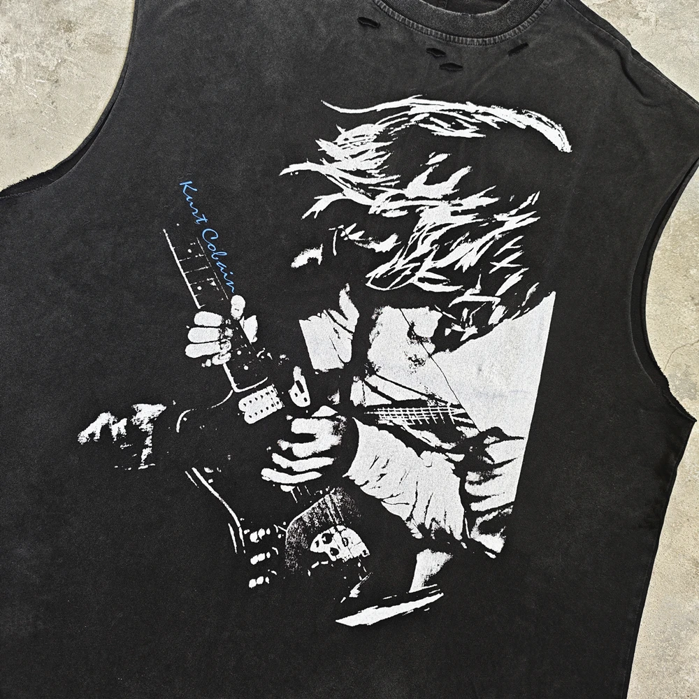 Yao888 Kurt Cobain Graphics Print Vintage Tops Tee Fashion Oversize Loose Men Clothing Vest Band Rock Punk T Shirt For Men