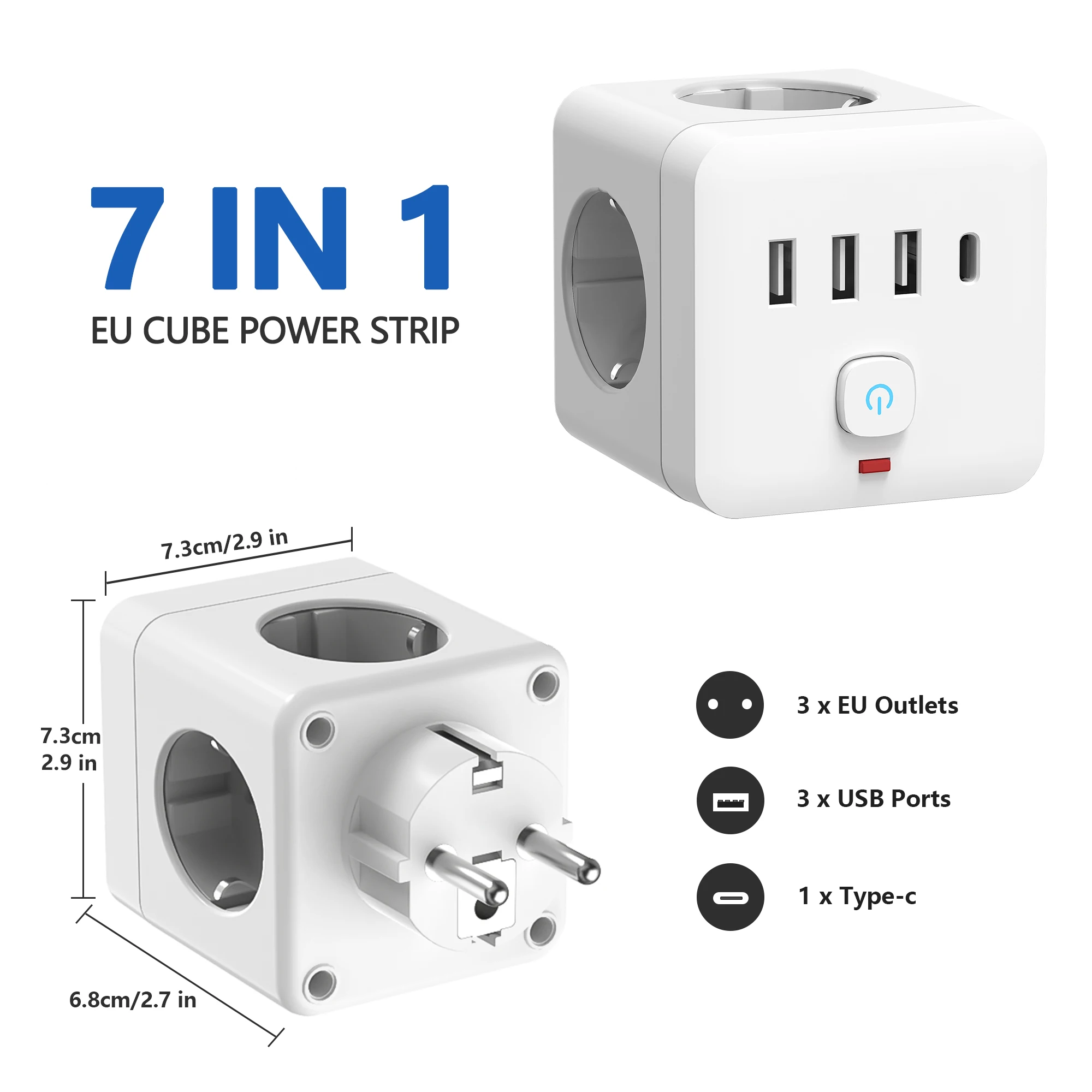 EU Power Strip Surge Protector, Desktop Estação de Carregamento com Proteção Contra Sobrecarga, 3 Tomadas AC, 3 USB 1, 7 em 1