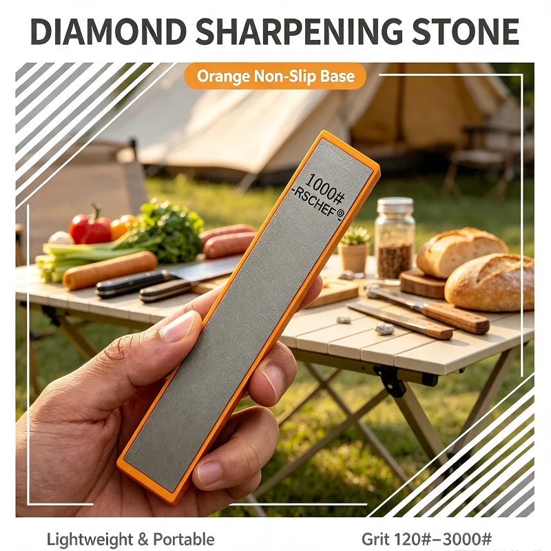 RSCHEF Orange Base Honing Stones 120#‑3000# Diamond Oil Stone Set Coarse‑Fine Kitchen Knife Sharpening Whetstone