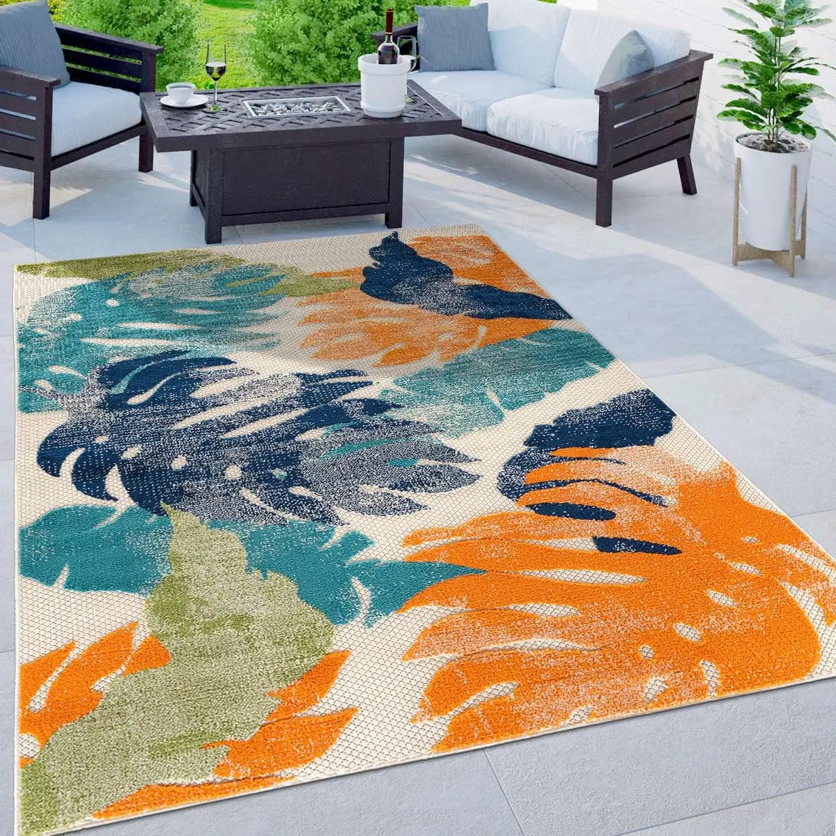 

Arles Palm Floral Leaves Non-Shedding Rug for Patio Deck Backyard Indoor/Outdoor Area Rug 5' x 7' Multi