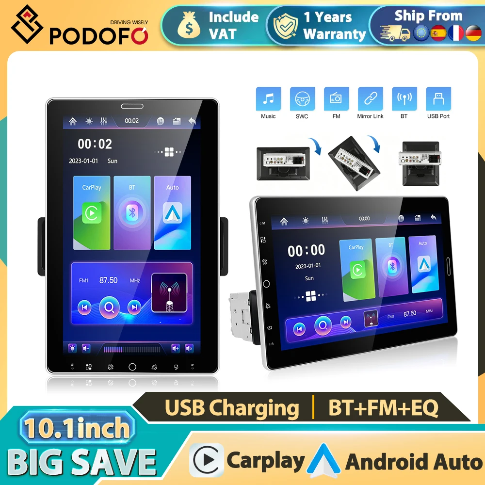 Podofo 10.1" Carplay Android Auto MP5 Radio Samochodowe z Obrotowym Ekranem, Mirror Link, Odtwarzacz Multimedialny MP5, BT, FM, RDS, Stereo, AUX, TF, USB, EQ