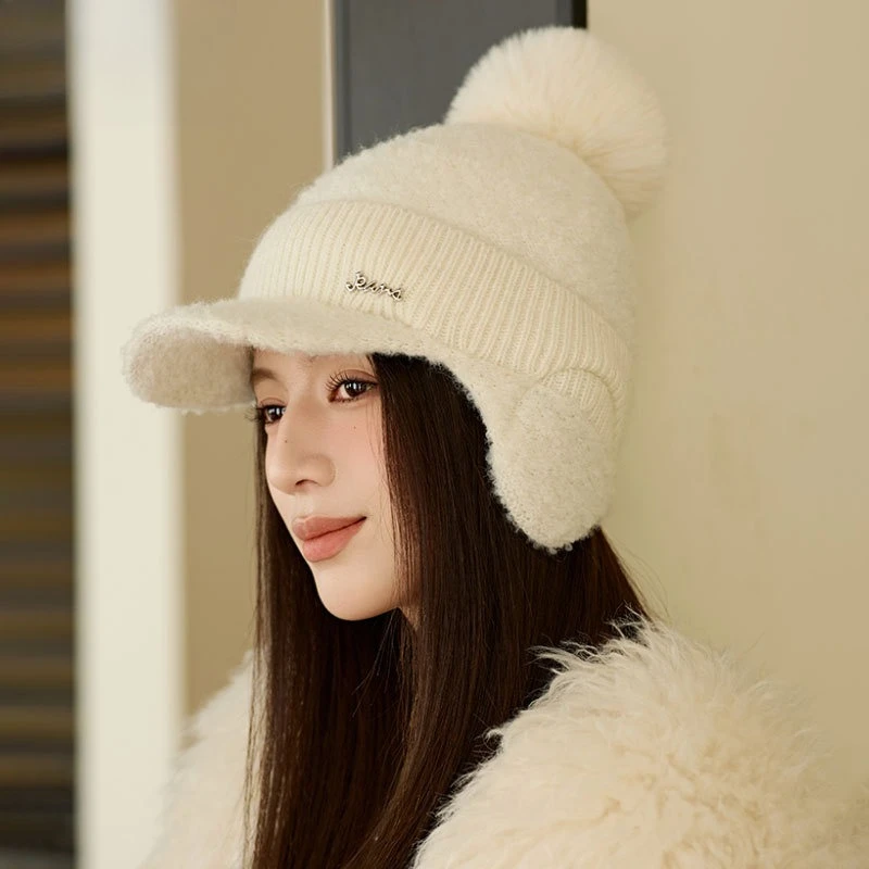 Popular Fashion Wool Cap Women's Winter Velvet Thickened Outdoor Riding Ear Hat Cold and Warm Knitted Versatile Wool Hat