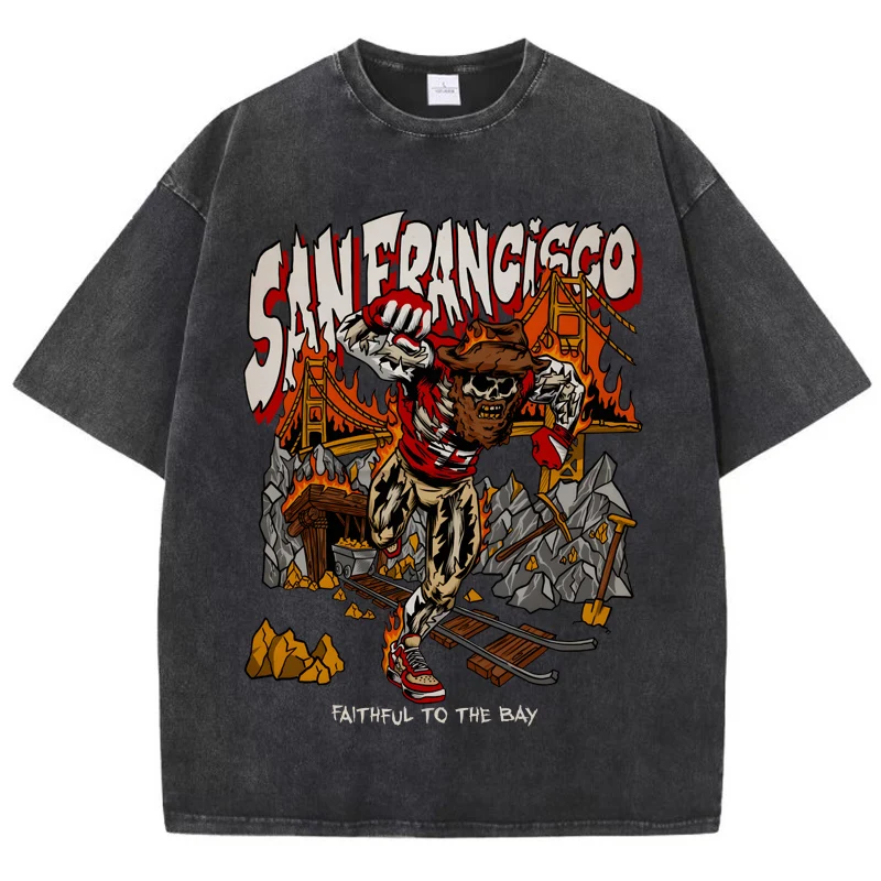 American Washed retro and worn out T-Shirt for men Women Loose Oversized Clothes San Francisco Skeleton Miner Graphic Streetwear