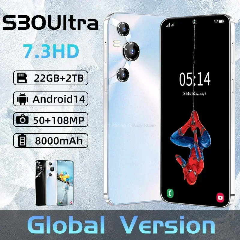 S30 Ultra  5G Global Version 7.3HD Screen 22GB + 2T 8000Mah Android14 Brain power Dual Sim Face Unlocked Mobile Phone 108MP Cell