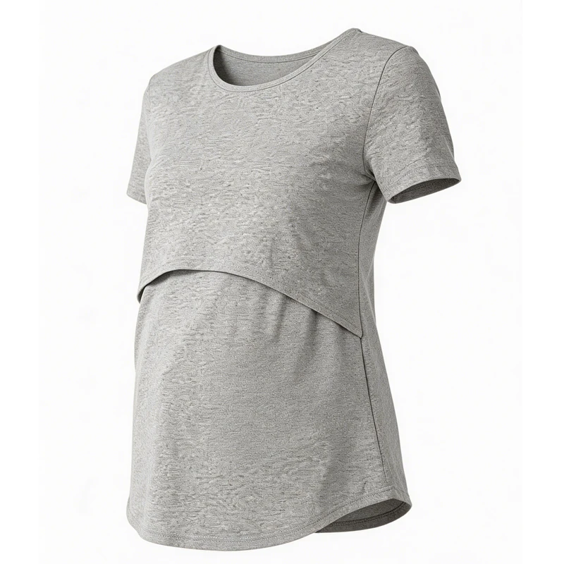 Double Layer Lift Maternity Nursing Top Short Sleeve Round Neck Cotton Stretch Curved Hem Pregnancy Breastfeeding T-shirt