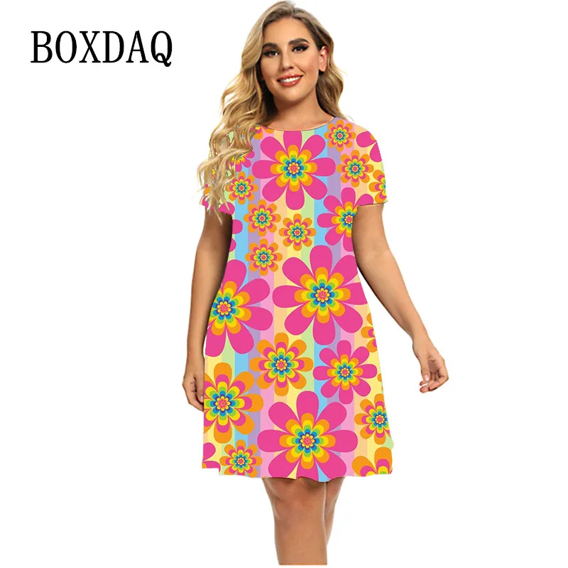 Flower Power Gradient Print Women Dress Elegant Sweet Casual Short Sleeve A-Line Dress Summer Fashion Ladies Plus Size Clothing