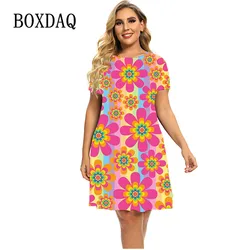 Flower Power Gradient Print Women Dress Elegant Sweet Casual Short Sleeve A-Line Dress Summer Fashion Ladies Plus Size Clothing