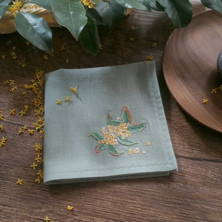 Traditional Chinese Hanfu Style Embroidered Osmanthus 100 Percent Cotton Handkerchief Customizable Name Vintage Soft Pocket Squa