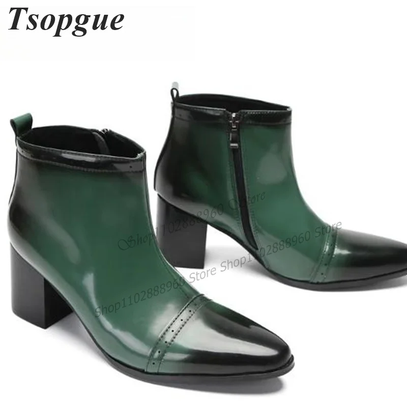 Gradient Green Leather Carve Men Shoes Men's Ankle Boots Side Zipper Thick Heel Runway Casual Party Shoes 2023 Zapatillas Mujer