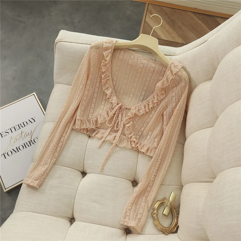 Lace Lightweight Knitted Women Cardigan Shirts Summer Sweet Style Solid Bandage Short Empired Female Outwear Coats Tops