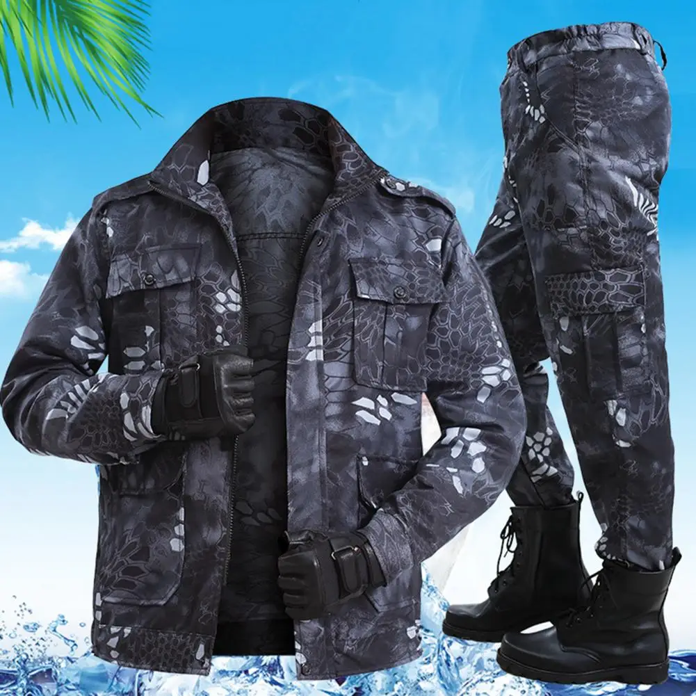 Men Suit Two-piece Set Wear Resistant Zipper Fly Camouflage Epaulet Decor Sports Suit Outdoor Suit Sweat Absorption