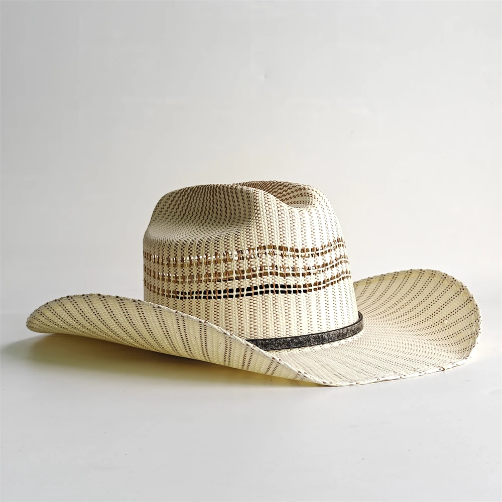Western Cowboy Straw Hat Men Women Wide Brim Sun Hat Vintage Cowgirl Hat with Decorative Hat Band Rodeo Beach Summer Hat