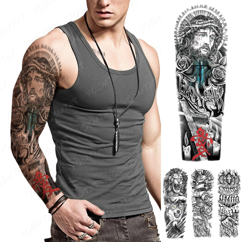 

Full Large Arm Sleeve Tattoo Waterproof Temporary Tatoo Sticker Christianity Jesus Rose Lore Text Men Fake Tatto Body Art Women