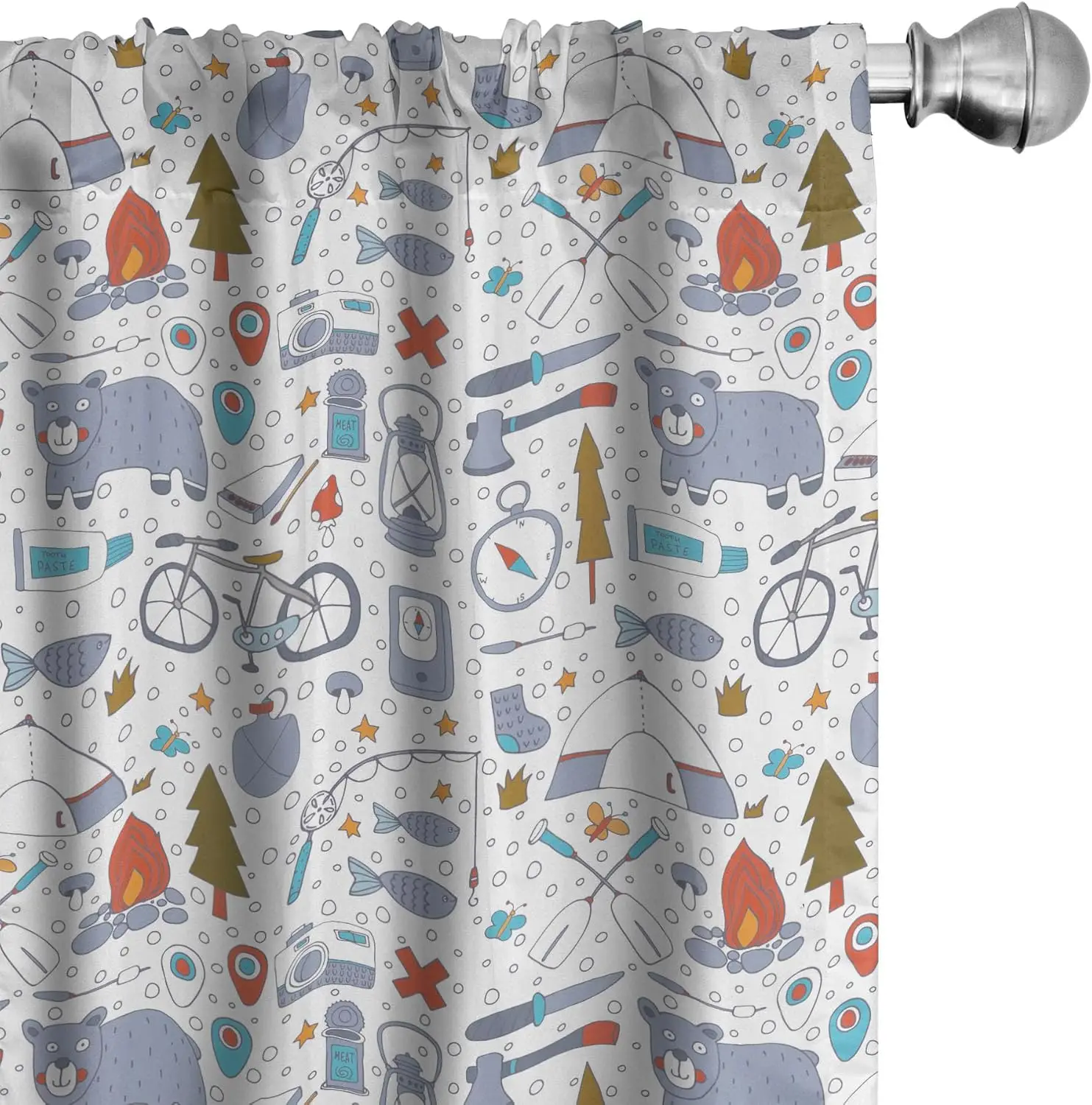 Camping Bear Tent Compass Print Curtains for Kids Room Window Decoration Outdoor Home Textile