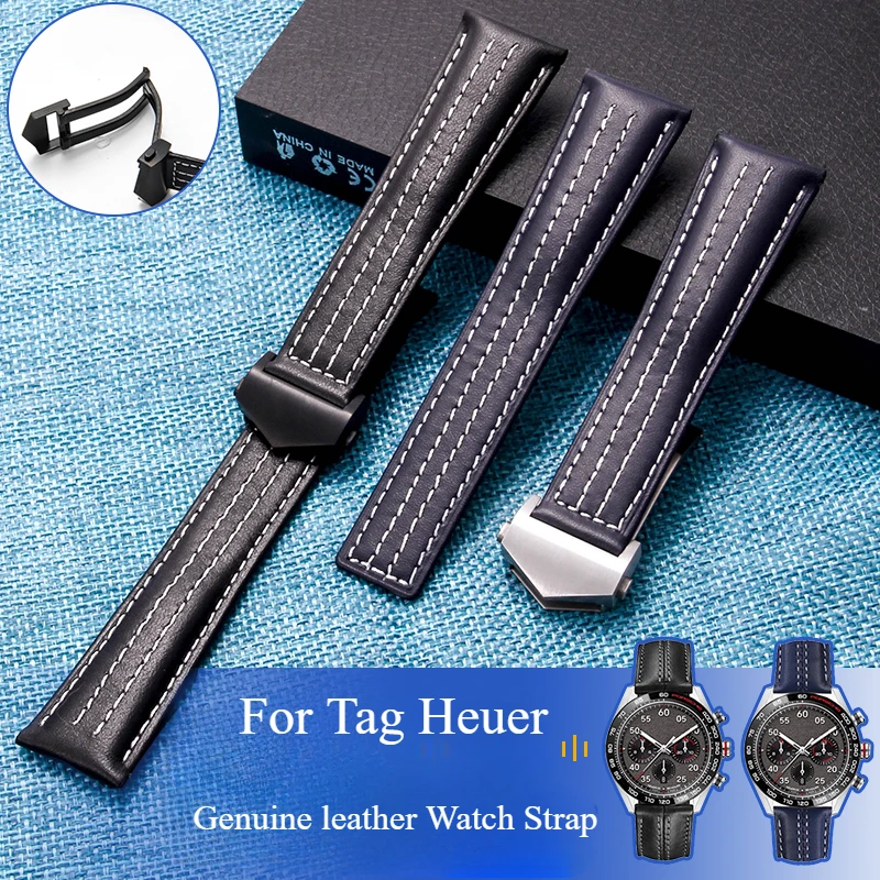 Wear-resistant Durable Flexible Genuine Leather Wacthbands 22mm for Tag Heuer Series Waterproof Cowhide Watch Strap Black Blue