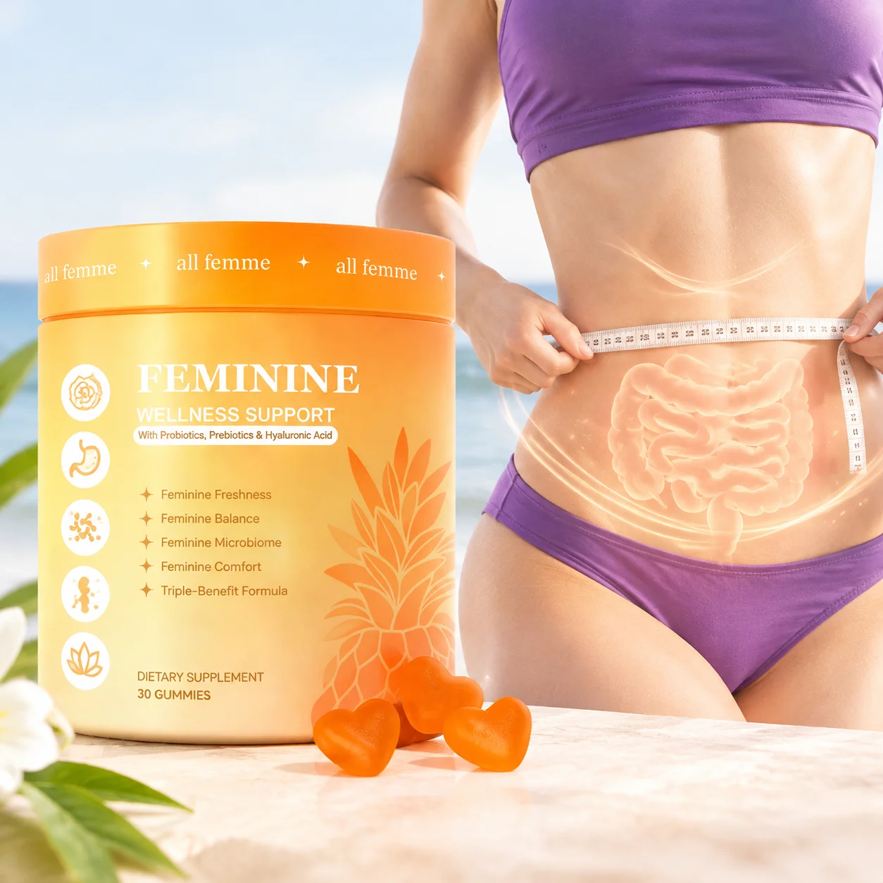 Feminine Probiotics Gummies PH Hormonal Balance Menopause Support Weight Management Vegan Gluten Free Hyaluronic Acid 30pcs