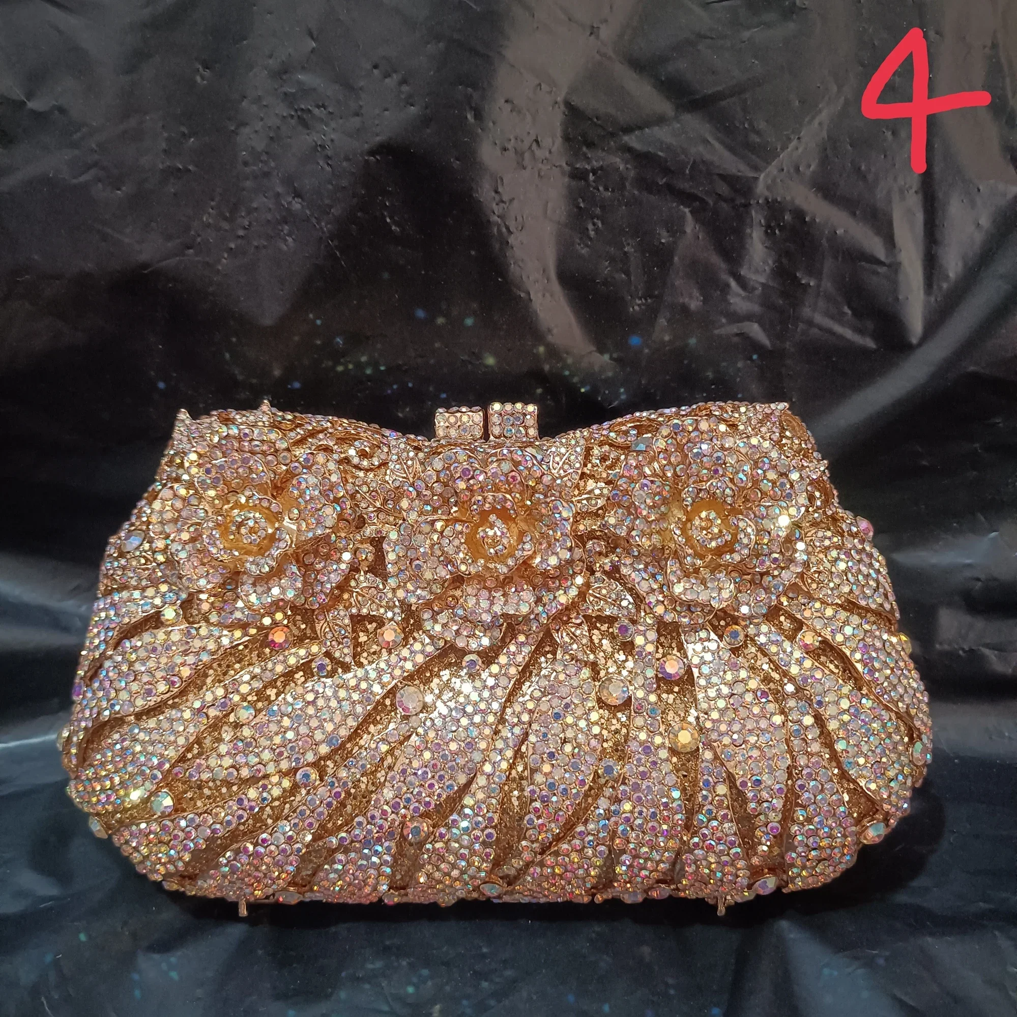 

AB Hollow Out Gold Flower Rhinestone Purse Women Wedding Bridal Shinny Crystal Bag Diamond Birthday Party Gala Dinner Handbag