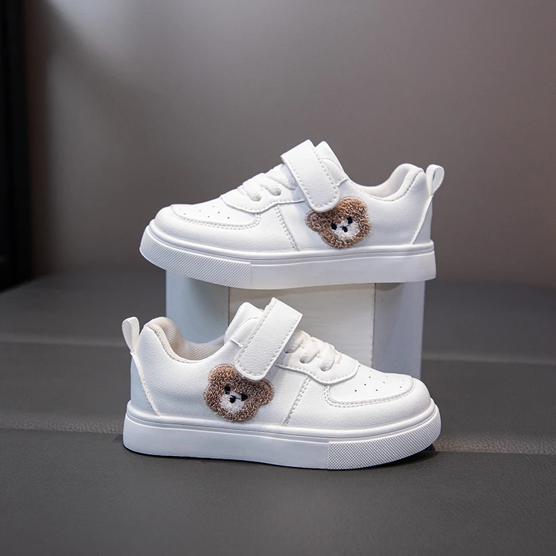 Toddler Kids Cute Bear Embroidery White Sneakers, PU Leather Magic‑Tape Casual Board Shoes, Breathable Light‑weight Non‑slip